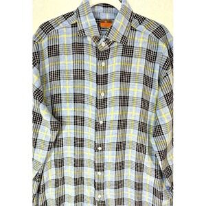 BRULI Button Up Shirts Men's  Large  100% Linen Plaid Blue Swiss Business NEW